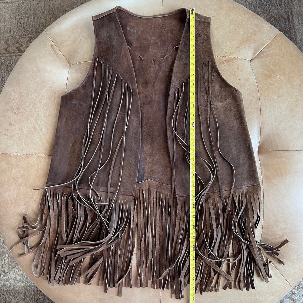 70s genuine suede fringe vest brown western festival boho vintage women M L - Picture 11 of 13